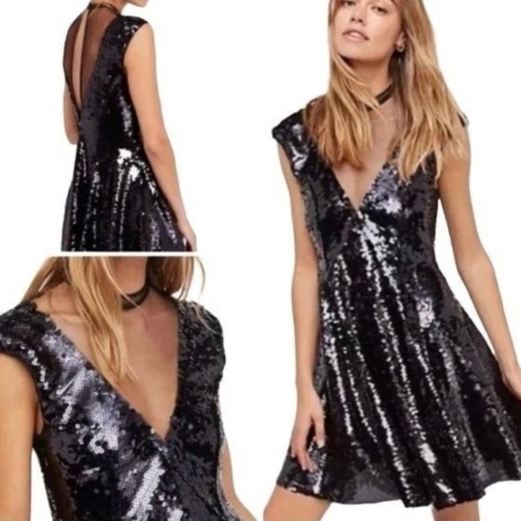 Free People Dresses & Skirts - NWOT Women’s Free People Dance Till Dawn Black Sequin Fit & Flare Mini Dress
